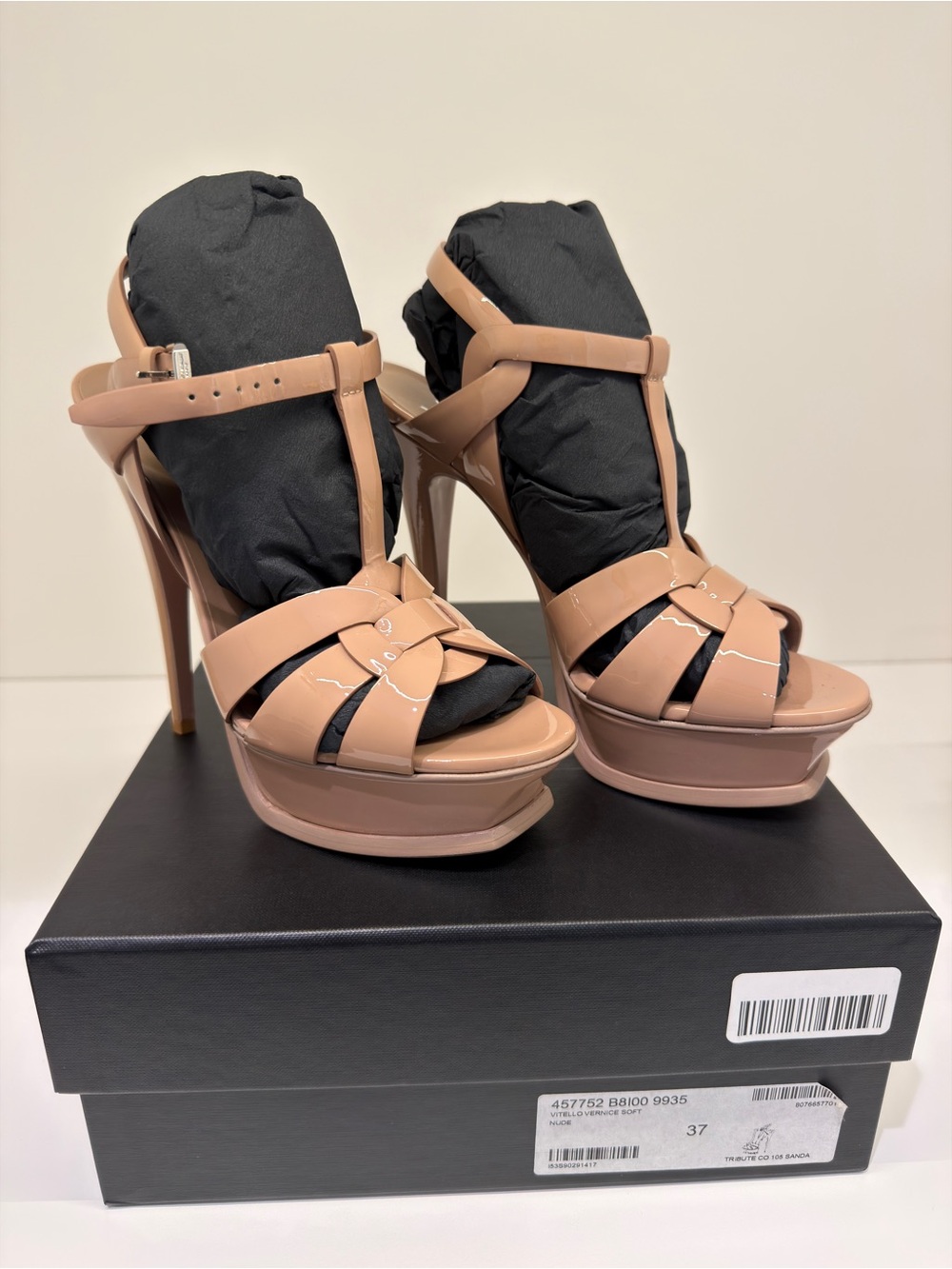 Yves Saint Laurent Tribute Nude Patent Leather T-Strap Platform Heels